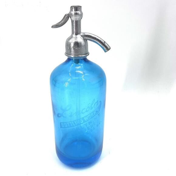 Rare Vintage Lincoln Bottle Works Brooklyn Blue Glass Soda Water Siphon Bottle - Picture 1 of 6